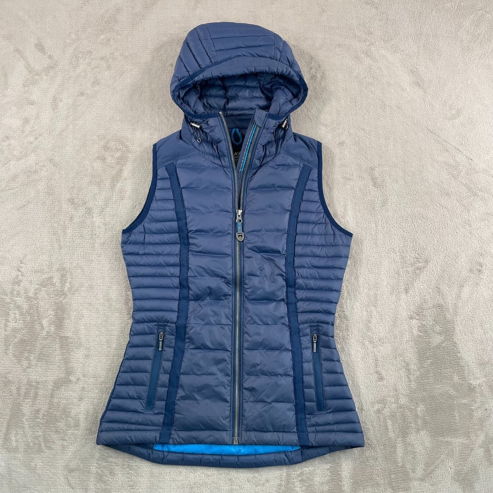 Kuhl Projekt Goose Down Hooded Vest Women XS‎ Blue Full Zip Pockets Warm $199